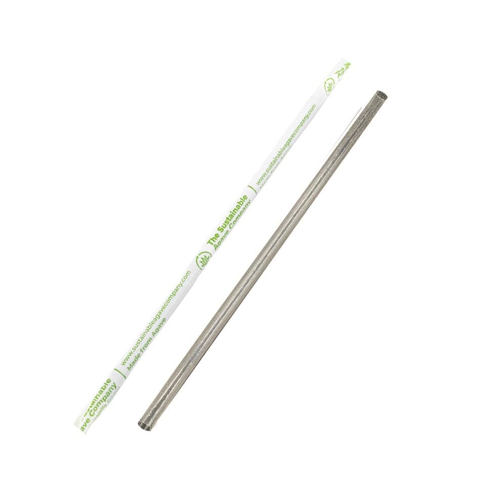 A single reusable stainless steel straw shown next to its white paper sleeve with green printed text and logos, on a plain white background.