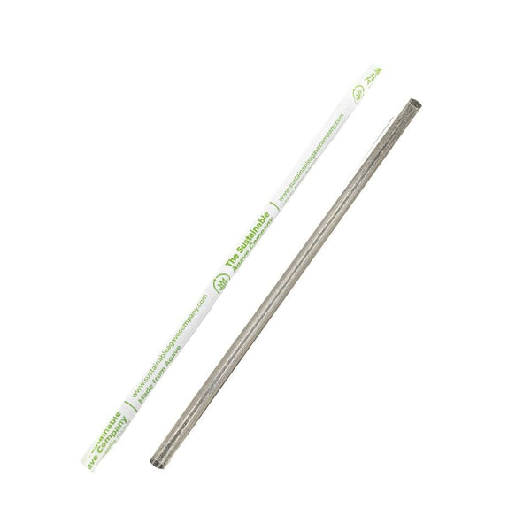 A single reusable stainless steel straw shown next to its white paper sleeve with green printed text and logos, on a plain white background.