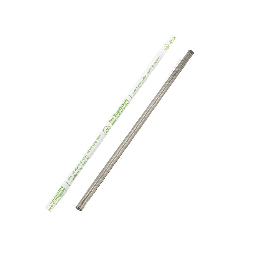 Two metal straws shown on a plain white background, one unwrapped and one still in its printed white paper sleeve with green text.