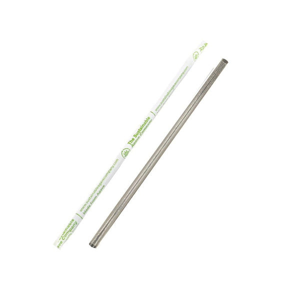 Two metal straws shown on a plain white background, one unwrapped and one still in its printed white paper sleeve with green text.